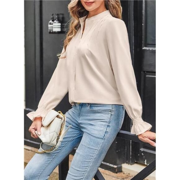 Women’s Chiffon Button Down Blouse | Mandarin Collar Pleated Tunic Top - Picture 6 of 6